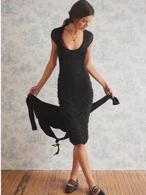 Kimchi Blue Black Ruched Button-Front Midi Dress Size Medium